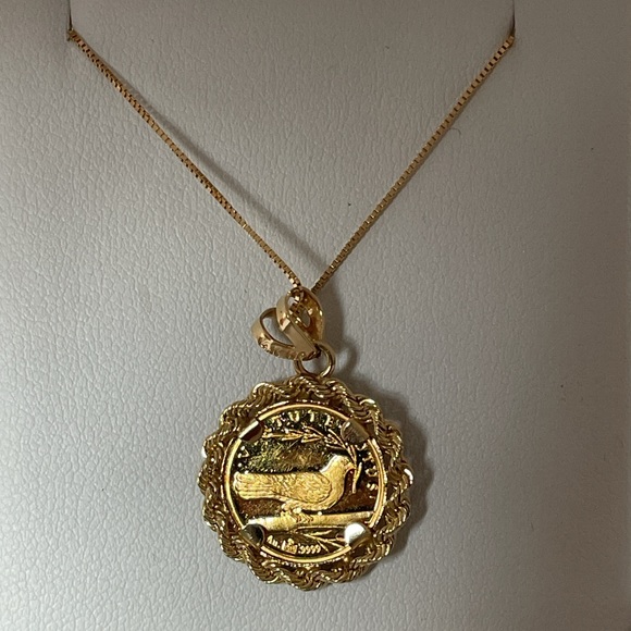 Solid 24K Yellow Gold Coin Raphael Angel & 14K Bezel Pendant Neck Chain Necklace - Picture 10 of 15